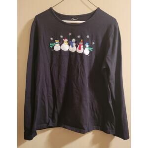 Kim Rogers Women Christmas Holiday Ugly T-Shirt Top Sz L Black Applique Snowman
